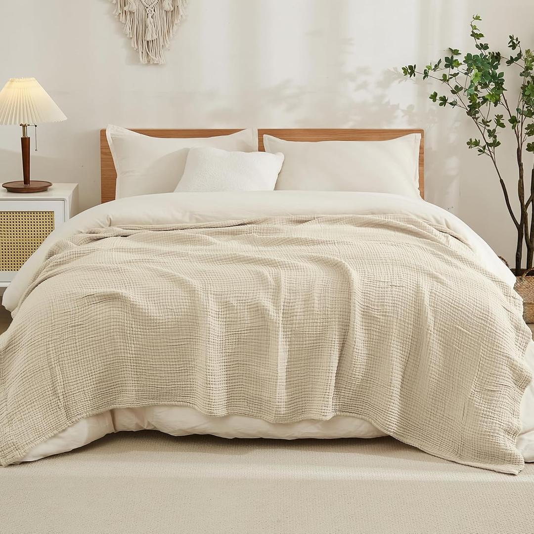 EMME Cotton Blanket King Size for Bed Soft Muslin Blankets 108"x90" Light Tan Lightweight Breathable Layering Bedspread Coverlet All Season Gauze