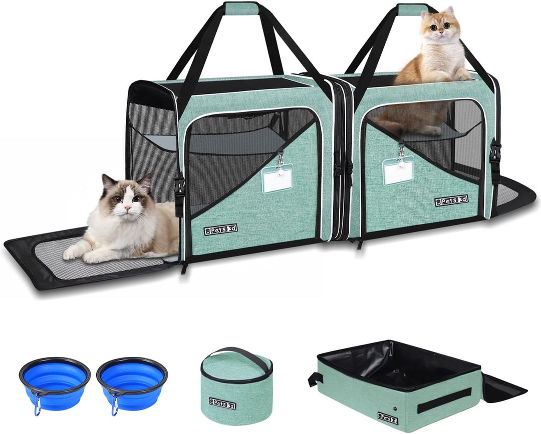 Petskd 2 in 1 Double Cat Car Travel Carrier with Litter Box, Green, 38"Lx17"Wx18"H