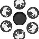 Black and White Elephant Leather Drink Coasters Set of 6 with Holder Round Cup Coaster for Table Decor (1)