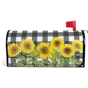 Kcldeci Plaid Sunflower Magnetic Mailbox Cover Buffalo Check Mailbox Wraps Post Classic Monogram Letter Box Cover Mailwraps Standard Size 25.5" X 21 for Welcome Home Garden Yard Decor (64.7x52.8cm)