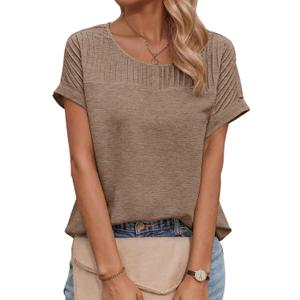 2 x Dokotoo Womens Tops Trendy Crewneck Short Sleeve Summer T Shirts Casual Solid Loose Basic Pleated Blouses (Brown, M)