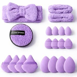 20 Pcs Makeup Sponge Set, Purple Spa Headband & Wristband for Face Washing, Triangle Powder Puffs, Reusable Makeup Remover Pads, Professional Cosmetic Applicator Kit for Foundation, Powder & Cream