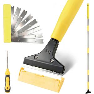 4"Razor Blade Floor Scraper with Long Handle,61in Adjustable Floor Scraper Heavy Duty with 10PCS Extra Metal Blades Paint Scraper for Cleaning Stickers Gum Glass Wall Tile Linoleum Stove Top