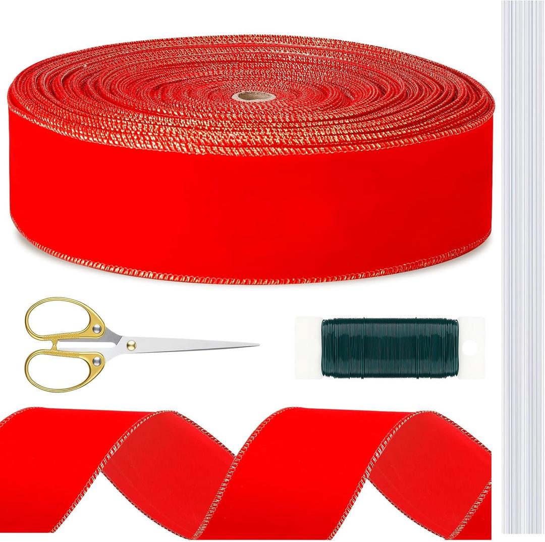 Threehoney 60 Yards Christmas Red Velvet Wired Ribbon with Gold Edge 2.5 Inch Large Ribbon Trim Tools for DIY Crafts Garland Wreath Tree Topper Floral Bouquets Gift Wrapping for Holiday Decoration