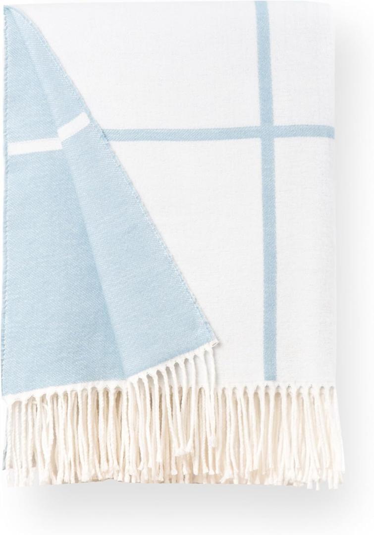 Hofdeco Premium Coastal Decorative Throw Blanket for Patio Couch Sofa, Baby Blue Plaid with Fringe, 52"x71"
