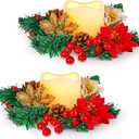 2 Set Christmas Centerpiece Table Decorations Flameless Tea Lights Candles with Red Poinsettia Candle Holders Pinecones Berry Candleholders for Christmas Tabletop Decor(Multi Color)