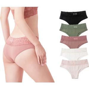 Luna & Sun Women Soft Stretch Sexy Hipster Bikini Panties Underwear with Lace (Black, Light Pink, Dark Orange, Camo Green, Ivory (5pcs)