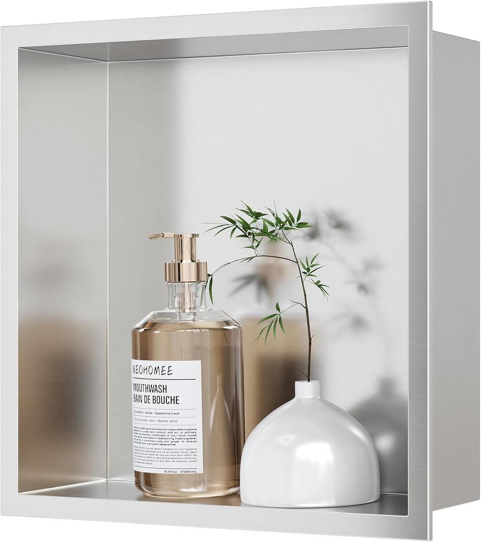 Neodrain Shower Niche, Insert Bathroom Storage Shower Shelf, Stainless Steel Recessed Wall Niche No Tiled Recessed Cabinet Waterproof for Shower Storage(Brushed,12"x12")