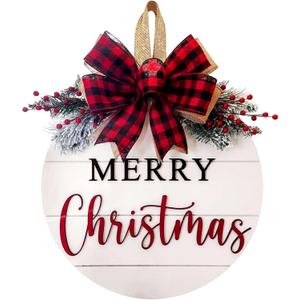 Merry Christmas Wreath Welcome Sign for Front Door, 11.8 inch Wooden Merry Christmas Sign for Holiday Rustic Farmhouse Front Door Porch Wall Window Outside Decorations (Merry Christmas-White)