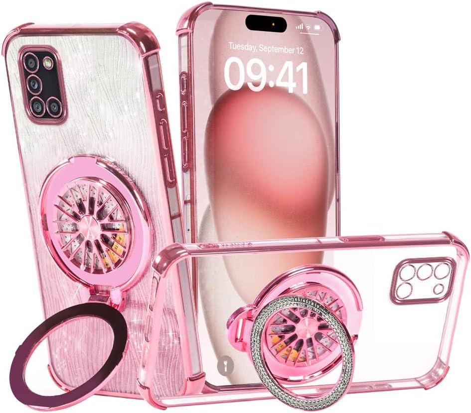 for Samsung Galaxy A31 Phone Case,for Samsung A31 Shockproof Mobile Phone Case for Women and Girl, Glitter TPU Protective Cover with Kickstand for Samsung A31 (Pink)