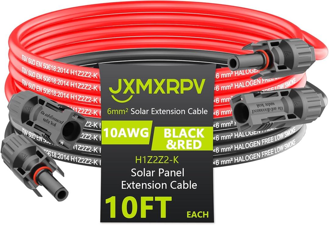 Solar Cable Extension 10Ft 10AWG, Solar Wire with Tool-Free Solar Connectors, Waterproof Solar Panel Extension Cable 6mm, PV Cable 10Gauge for Home Boat RV Solar Panels(10ft)