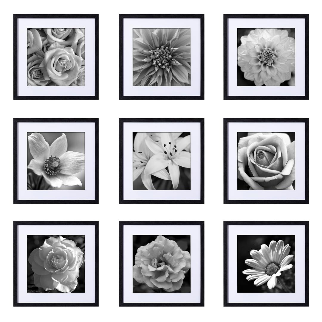 eletecpro 16x16 Picture Frames Set of 9, Classic Gallery Wall Frame Set for 4x4 Photos with Mat or 16x16 without Mat, Large Picture Frame for Art Prints, Black Poster Frames for Home Decor Wall