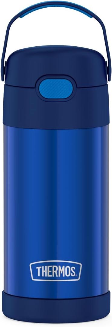 THERMOS FUNTAINER 12 Ounce Stainless Steel Vacuum Insulated Kids Straw Bottle, Blue (Navy)