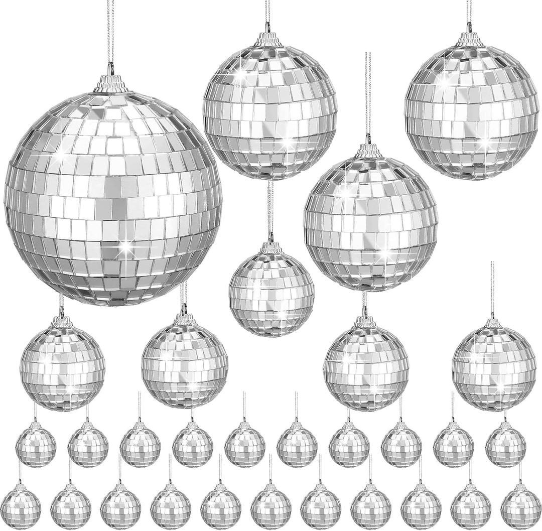 HyDren 30 Pcs Mini Disco Ball Hanging Mirror Reflective Disco Ball Ornaments Decorations for Wedding Party Cake Decor(3.15/2.36/1.57/0.79 Inches)