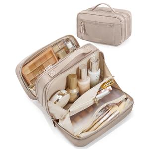 BAGSMART Travel Makeup Bag Cosmetic Bag for Women, Wide-open Portable Make Up Organizer for Women for Essentials Cosmetics Toiletries Accessories, Brushes, Medium Capacity (Champagne)