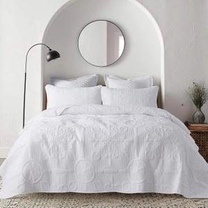 B2EVER White Damask Quilt King Size Bedding Sets with 2 Pillow Shams, Boho Bedspread Lightweight Soft Farmhouse Vintage Bohemian Coverlet Retro Jacquard Pattern Bed Cover for All Season, 3 Pieces