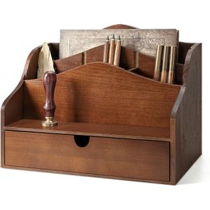 Pine Wood Mail Organizer for Desk - Rustic Mail Sorter with Drawer & Dividers - 4-Slot Mail Sorter for Letters, Files & Small Essentials - Wooden Desk Organizer for Farmhouse Home Decor (Brown)