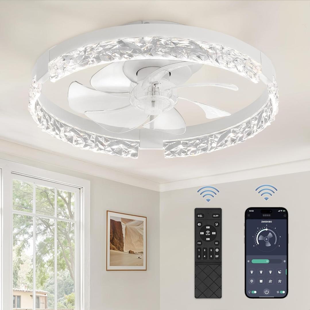 ZMISHIBO Ceiling Fans with Lights and Remote, 18 Inch Flush Mount Fan Light, 6 Speeds, 3CCT, Dimmable, Low Profile Ceiling Fan, Modern Ceiling Fan with Light for Bedroom and Living Room, White
