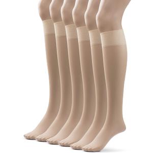 Silky Toes Sheer Knee High Stockings for Women, 6 Pairs Nylon Trouser Socks (One Size, Nude)
