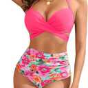 High Waisted Underwire Bikini Sets - Women 2025 Two Piece Swimsuits Halter Bathing Suits with Tummy Control Bottom XL Pink Floral