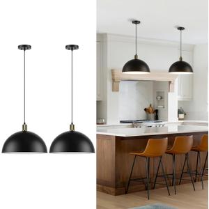 Black Pendant Light Fixtures 2 Pack, 15.7 Inch Large Dome Pendant Lighting Farmhouse Vintage Chandelier for Kitchen Island Dining Room