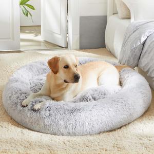 Calming Dog Bed & Cat Bed, Anti-Anxiety Donut Dog Cuddler Bed, Warming Cozy Soft Dog Round Bed, Fluffy Faux Fur Plush Dog Cat Cushion Bed for Small Medium Dogs and Cats (20"/24"/27"/30") (Light Grey)