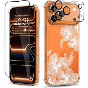 for iPhone 17 Pro Max Case,[3 in 1] with Screen Protector & Camera Lens Protector,Flower Pattern Design,Clear Soft Shockproof Floral Phone Cover for Women Girls 2025 6.9" (Flower-2/White)