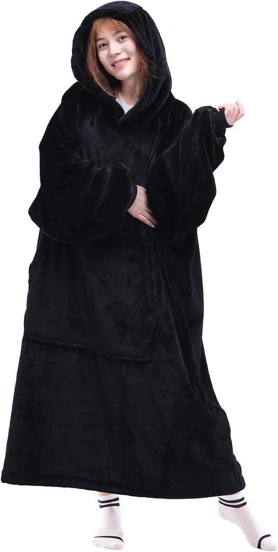 Waitu Wearable Blanket Sweatshirt Gifts for Women and Men, Warm and Cozy Giant Blanket Hoodie, Thick Flannel Blanket with Sleeves and Giant Pocket - Black (Adult)