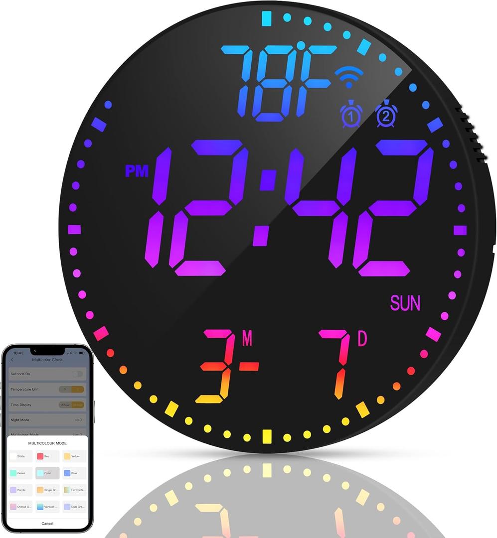 Kasbin 12” Smart Digital Wall Clock with App Control, Auto Brightness, Dual Alarm, Date/ Temp(°F/ °C) Display - 12 RGB Colors for Bedroom, Living Room, Office, Ideal Gift for Seniors