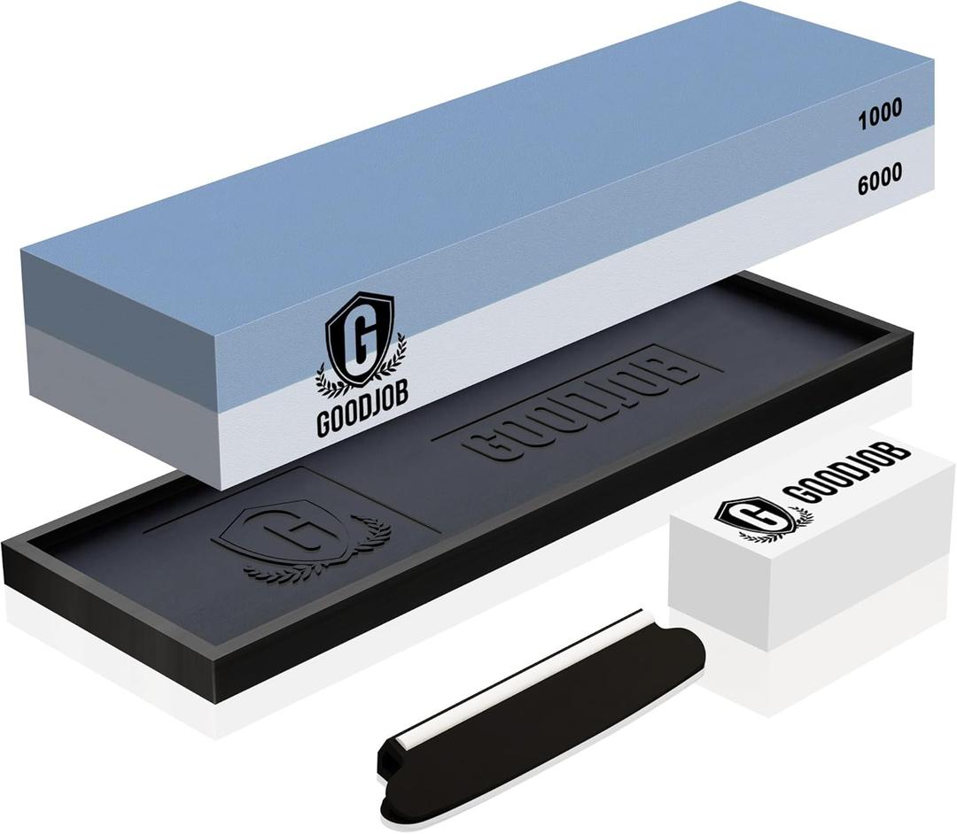 Knife Sharpening Stone Kit - Goodjob Premium Japanese Whetstone Knife Sharpener Stone Set - Dual Grit 1000/6000 Water Stones with Non-Slip Silicone Base, Angle Guide, Flattening Stones
