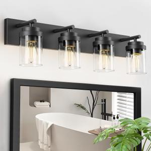 IZORRO Bathroom Vanity Light Fixture, 4-Light 30 Inch Matte Black Bathroom Light Fixtures Over Mirror, with Clear Glass Shade, Modern Farmhouse Vanity Lights, Rustic Restroom Lighting Fixtures Black-Clear Glass Shade, 30 inch-4-Light