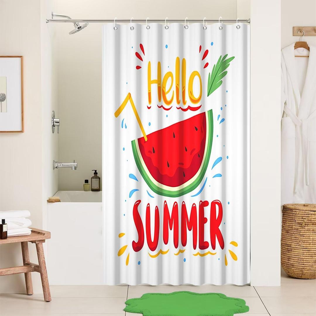 Summer Shower Curtain for Bathroom Hello Summer Watermelon Shower Curtain Set with Hooks Red Fruit Polyester Waterproof Fabric Shower Curtains 48x72 inches