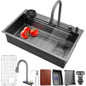 Waterfall kitchen sink 26X20" black Undermount Kitchen Sink with Pull-Out Faucet Stainless Steel Drop In Kitchen Sink Single Bowl with Accessories
