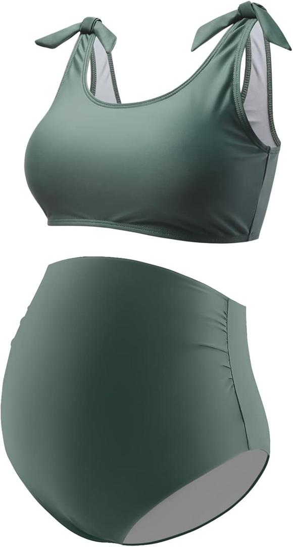 GINKANA Maternity Bikini Set Two Piece Pregnancy Swimsuit Tie Shoulder Straps High Waist Swimwear Pregnancy Bathing Suits