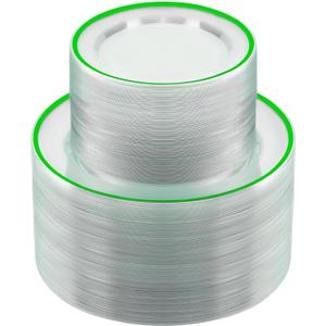 BESTSTAR 200PCS Green and Clear Plastic Plates, Green Disposable Plate Set with 100 Dinner Plates and 100 Dessert Plate for Party, St. Patrick's Day