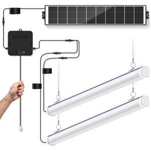 Solar Shed Shop Light with Pull Cord, 1500LM, Cool White Dual LED Bars
12Ah Battery, Dusk-to-Dawn Lighting, IP65 Waterproof, Split Solar Panel Design for Barn, Garage, Workshop & Chicken Coop