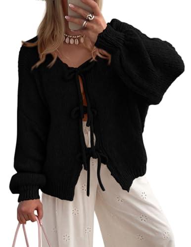 PRETTYGARDEN Women's Tie Front Bow Cardigan Sweaters Chunky Knit Long Puff Sleeve Trendy Fall Winter Jacket Coats (Black,X-Large)