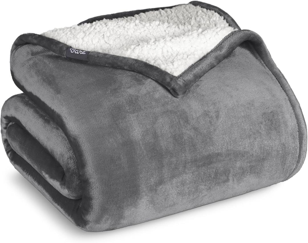 Bare Home Sherpa Fleece Blanket - King Size - Blanket for Bed, Sofa, and Couch - Warm & Lightweight - Fluffy & Soft - Reversible (King, Grey)