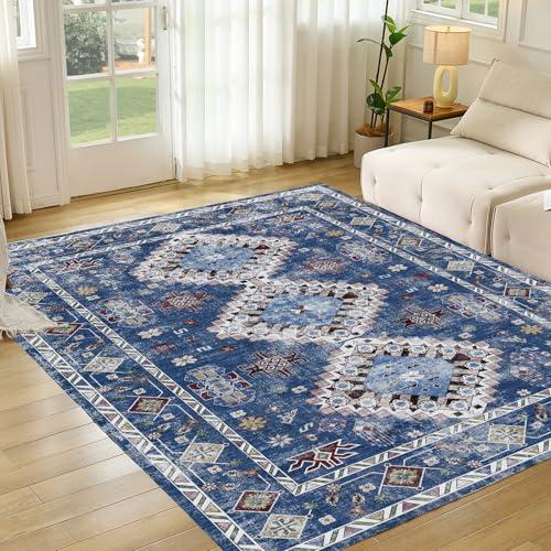 CWK Washable 8ftx10ft Area Rugs,Non-Slip Floor Carpet,Non-Shedding Floor Mat,Low Pile Doormat Soft Vintage Rug for Living Room Bedroom Dinning Room Laundry Home Office,Blue/Multi