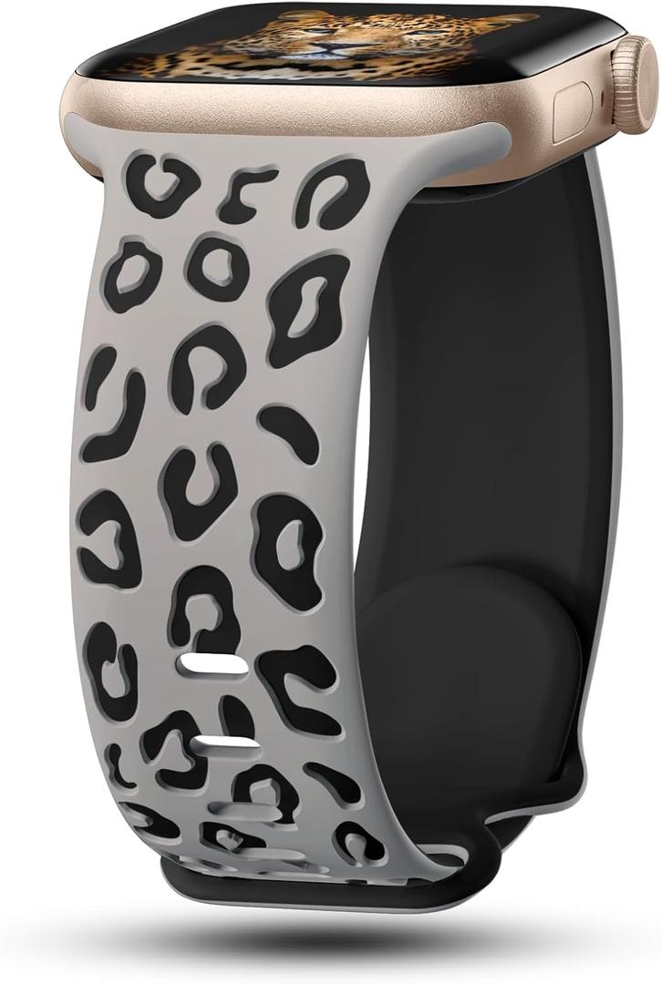 CreateGreat Engraved Leopard Bands Compatible with Apple Watch Band 40mm 41mm 38mm 42mm 44mm 45mm 46mm 49mm Women, Silicone Cheetah Designer Strap for iWatch Series 10 9 8 7 6 5 4 3 2 SE Ultra (Grey & Black)