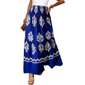 Happy Sailed Boho Long Skirts for Women Fashion Floral Print High Waisted A Line Flowy Maxi Skirt for Beach Vacation (Blue, L)