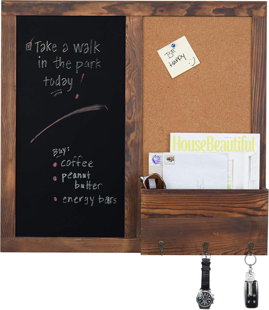 MyGift Rustic Dark Brown Wood Wall-Mounted Chalkboard with Cork Board, Mail Sorter, & Key Hooks