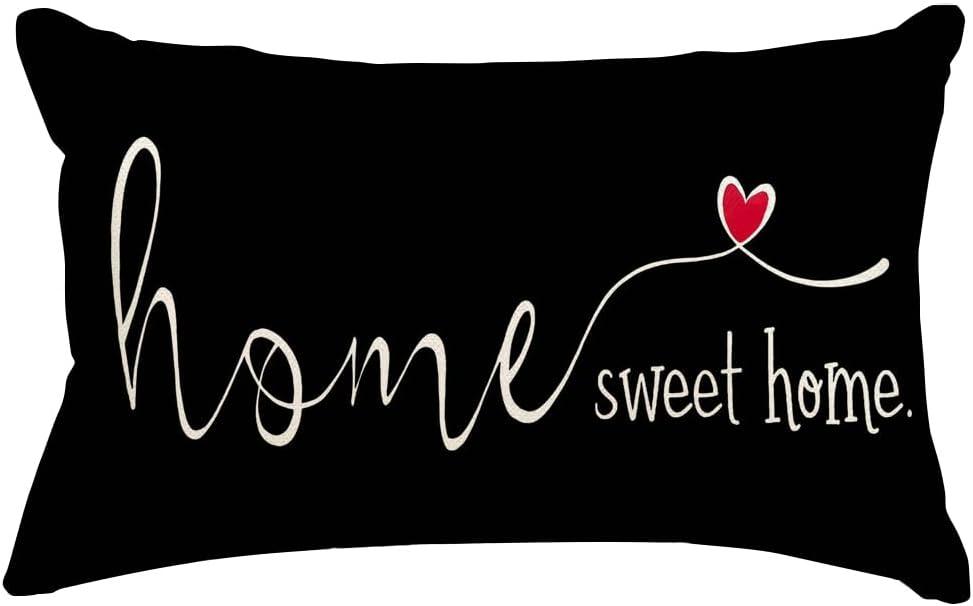 2 x RABUSOFA Home Sweet Home Quotes Throw Pillow Covers,12x20 Inch Farmhouse Red Heart Decorative Cushion Case for Sofa Couch Single No Insert Black