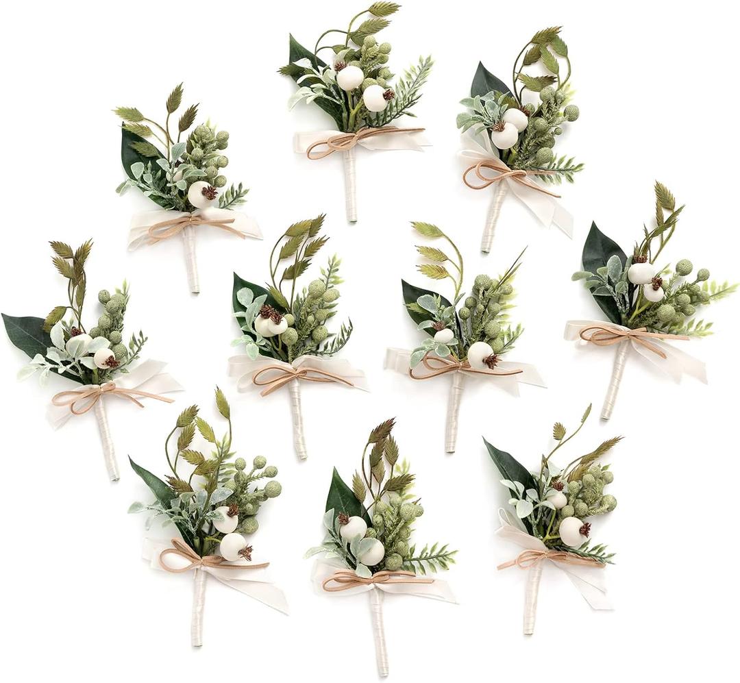 Ling's Moment Boutonniere for Men, 10pcs Groomsmen Guest Boutonniere, Artificial Flowers for Wedding Décor/Prom/Homecoming,etc.White Greenery Berry