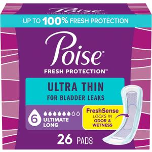 Poise Ultra Thin Incontinence Pads & Postpartum Pads for Bladder Leaks, 6 Drop Ultimate Absorbency, Long Length, 26 Count, Packaging May Vary