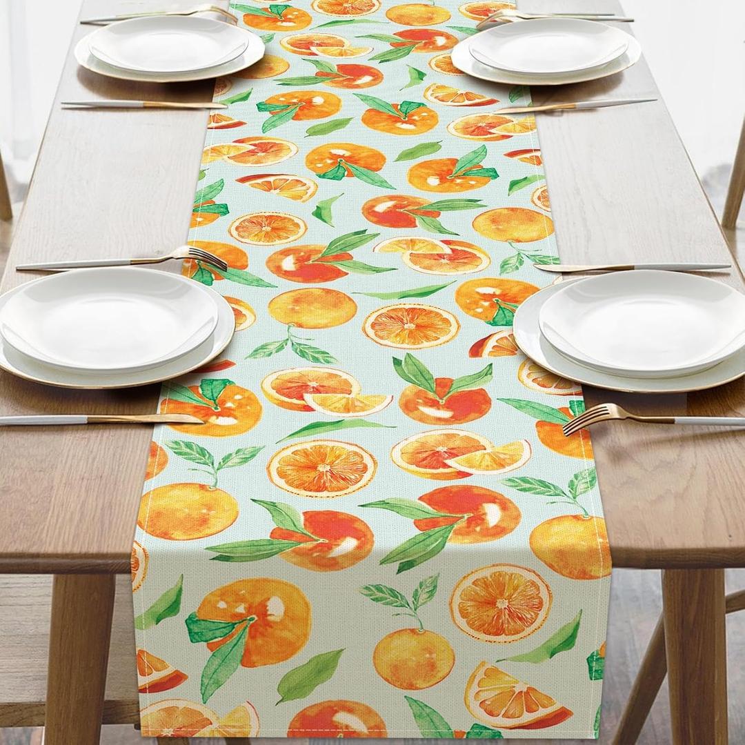 Watercolor Orange Dining Table Runner, Spring Summer Citrus, 13 x 72 Inches