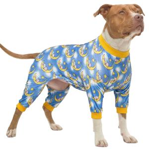 LovinPet Pitbull Dog Pajamas - Pet Anxiety Relief, Sun Protection Dog Pajamas, Comfy Stretchy Fabric, Pitbull Onesie, Dreamy Bear Print, Pitbull Shirt, Pet Jammies,Yellow M