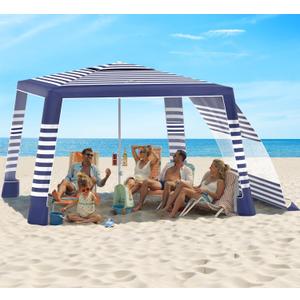 Rhino Valley Beach Cabana, 8 * 8FT Beach Tent UPF50+ Protection, Easy Setup Beach Canopy Wind Resistant with Cup Holder, Compact Beach Shade Foldable Beach Tent Sun Shelter, Blue Stripes