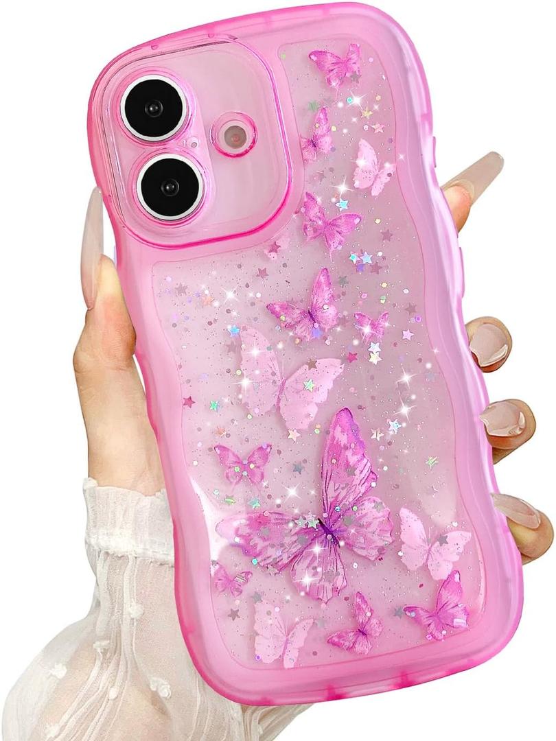 UEEBAI Wave Butterfly Case for iPhone 16 Case, Pretty Bling Star Butterfly for Women Cute Shiny Glitter Phone Cover for Girls Bling Clear Cover Curly Shockproof Girly Shell - Hot Pink