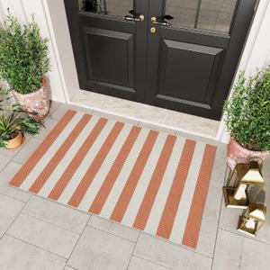 OJIA Front Door Rugs Washable 3'x5' Rug Outdoor Door Mat Entryway Rugs Striped Indoor Outdoor Rugs Cotton Woven Checkered Doormats Entrance Rug for Patio Porch Decor (Orange/White/Tan)